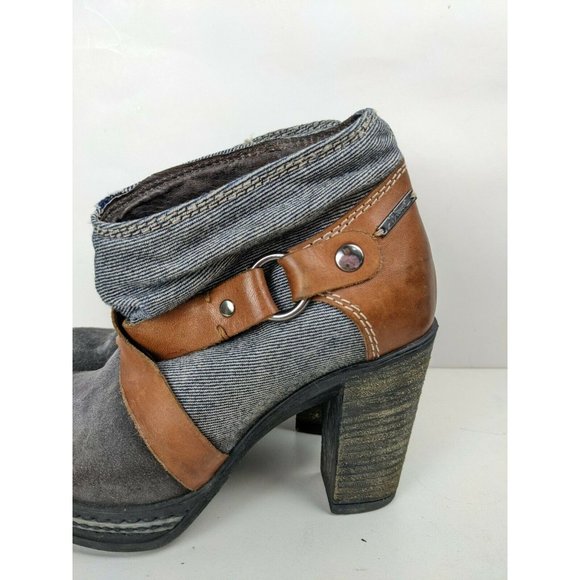 Diesel Booties Leather and denim heeled boots y2k blue tan size 6 - Picture 2 of 8